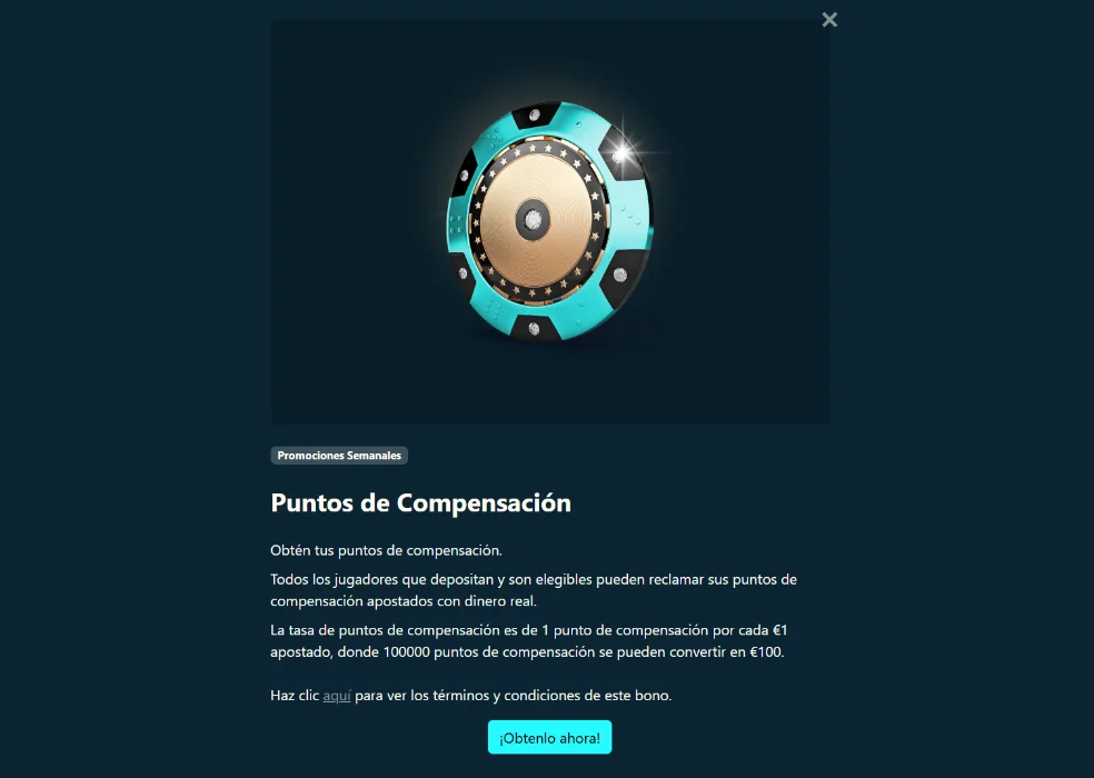 Dendera Casino promoción de puntos de compensación con detalles del bono