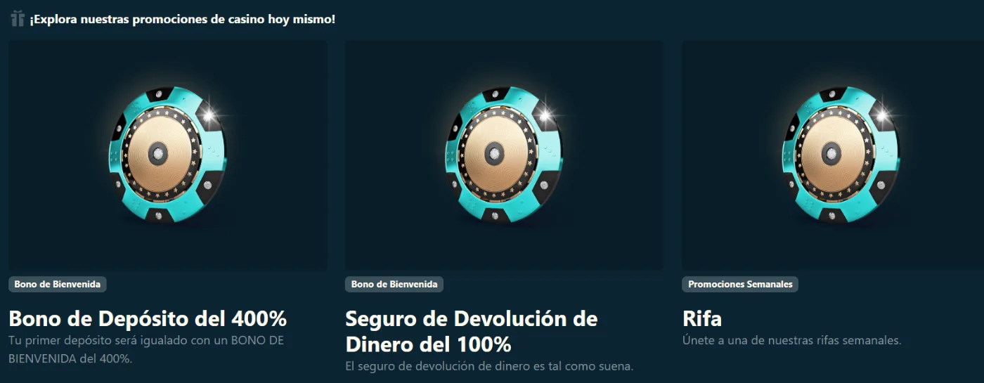 Dendera Casino sección de promociones con bonos de bienvenida y ofertas semanales
